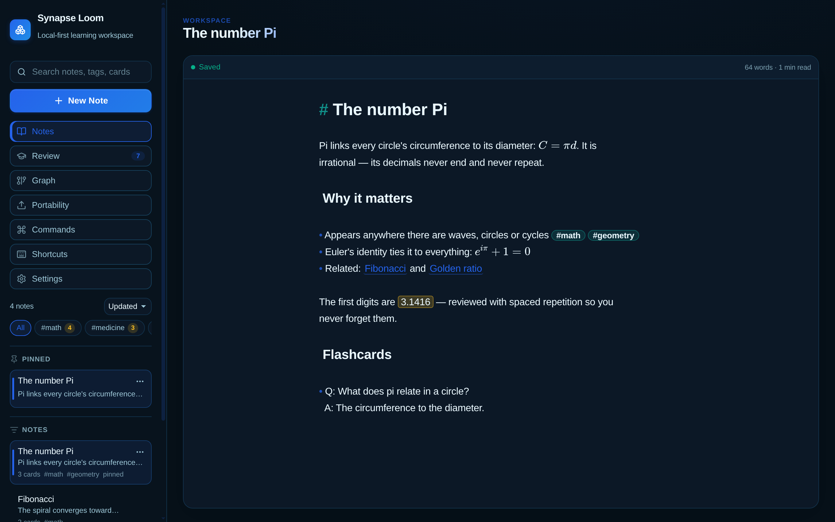 Synapse Loom: a note about Pi with rendered math, tags, wikilinks and a flashcard, next to the note library